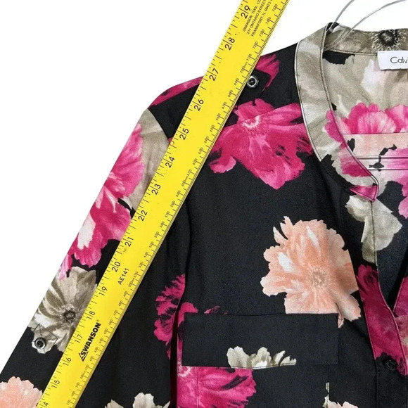 Calvin Klein Women L Black Pink Floral Button-Up Blouse Long Roll Tab Sleeve Top - Picture 10 of 16